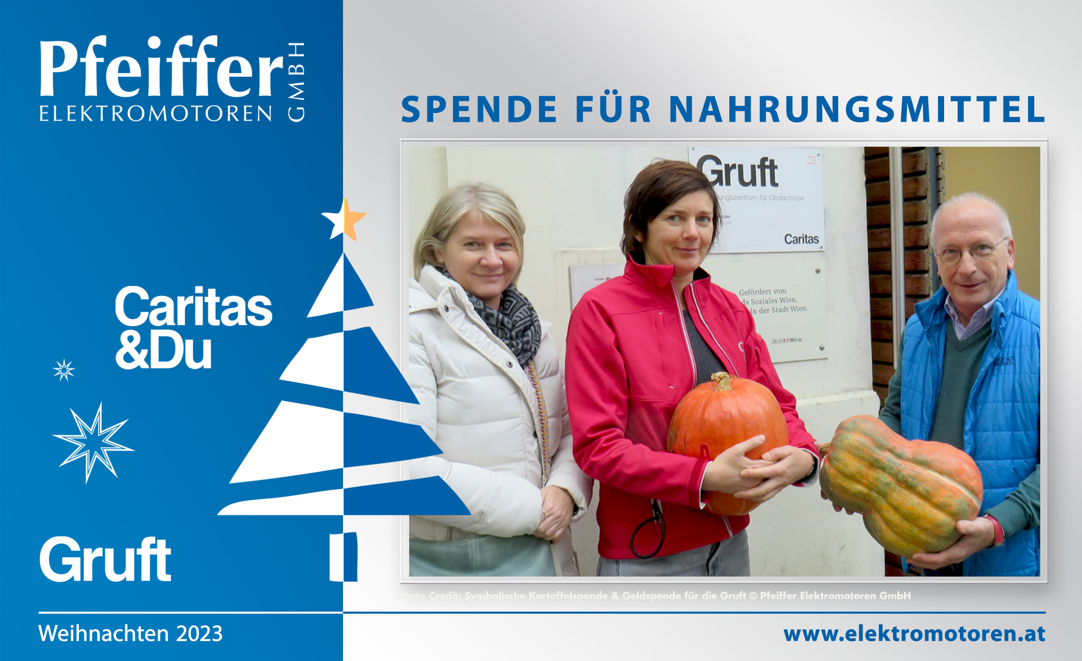Abb.: Geldspende Winter 2023 für Nahrungsmittel an die Gruft (Caritas). Symbolische Übergabe von Kürbissen und Kartoffelsäcken.
