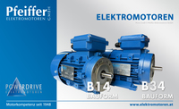 Powerdrive Elektromotoren in Bauform B14 (Flanschmontage | links) und in Bauform B34 (Flanschmontage und Füße | rechts) - Zum Vergrößern klicken